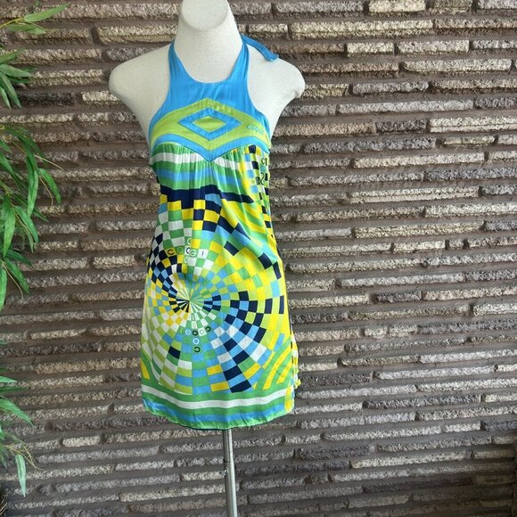 Coogi Vintage Y2K Geometric Pop Art Silk Halter Dress Coquette Size Small - Picture 11 of 11